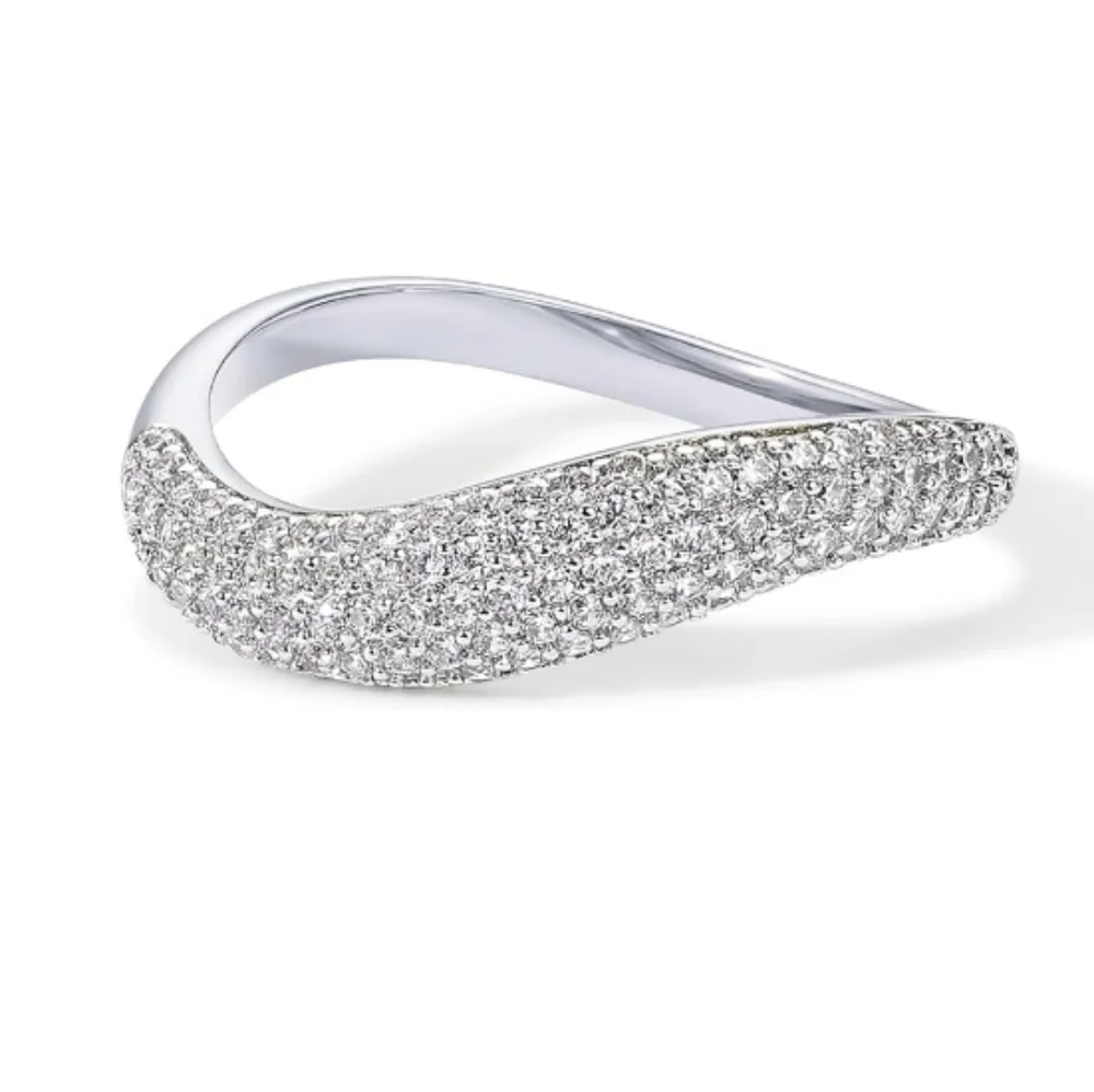 14K Gold Plated Wavy Cubic Zirconia Stackable Ring In White Gold - Picture 5 of 5